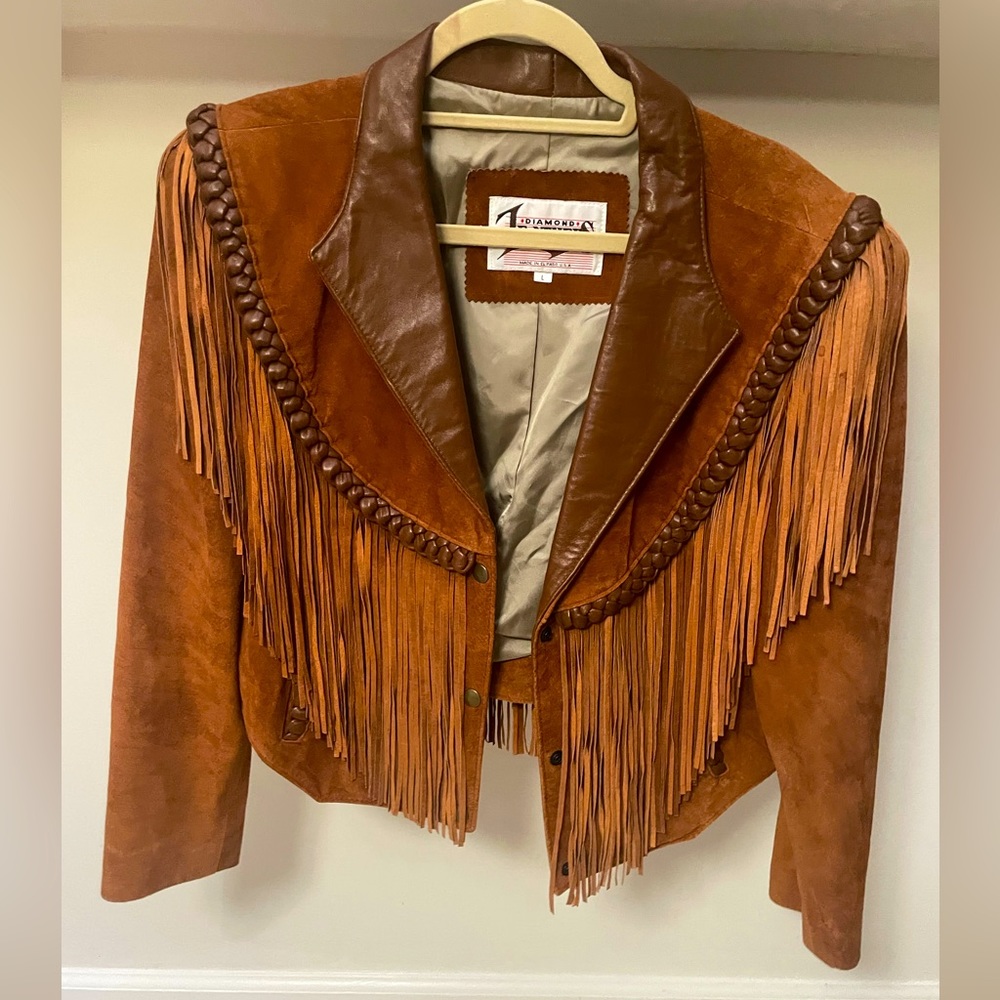 BURNING MAN )’( VINTAGE DIAMOND LEATHERS SUEDE & FRINGE WESTERN LEATHER JACKET - Picture 2 of 7